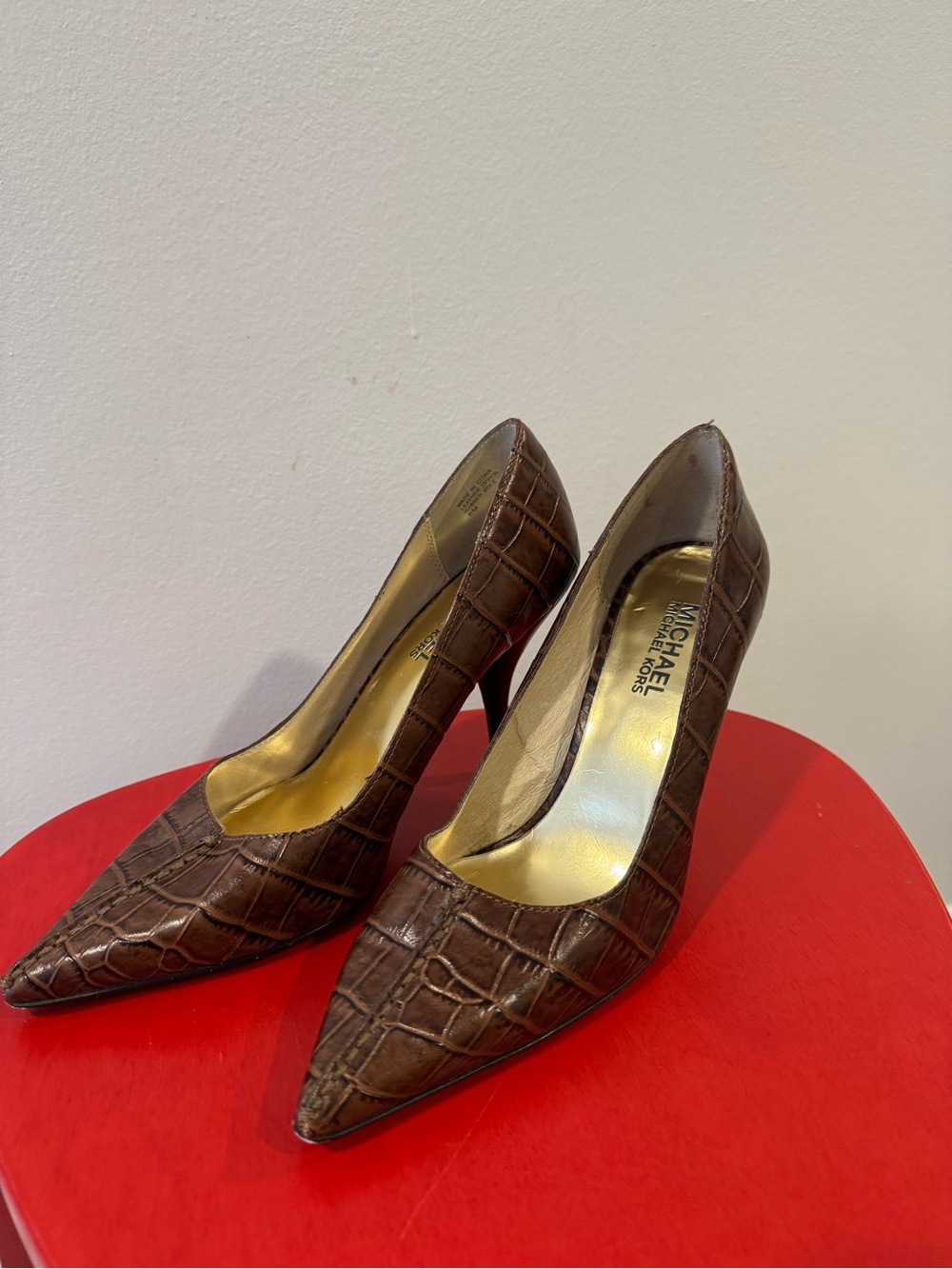 Michael Kors Brown Croc-Embossed Pointed Toe Heels